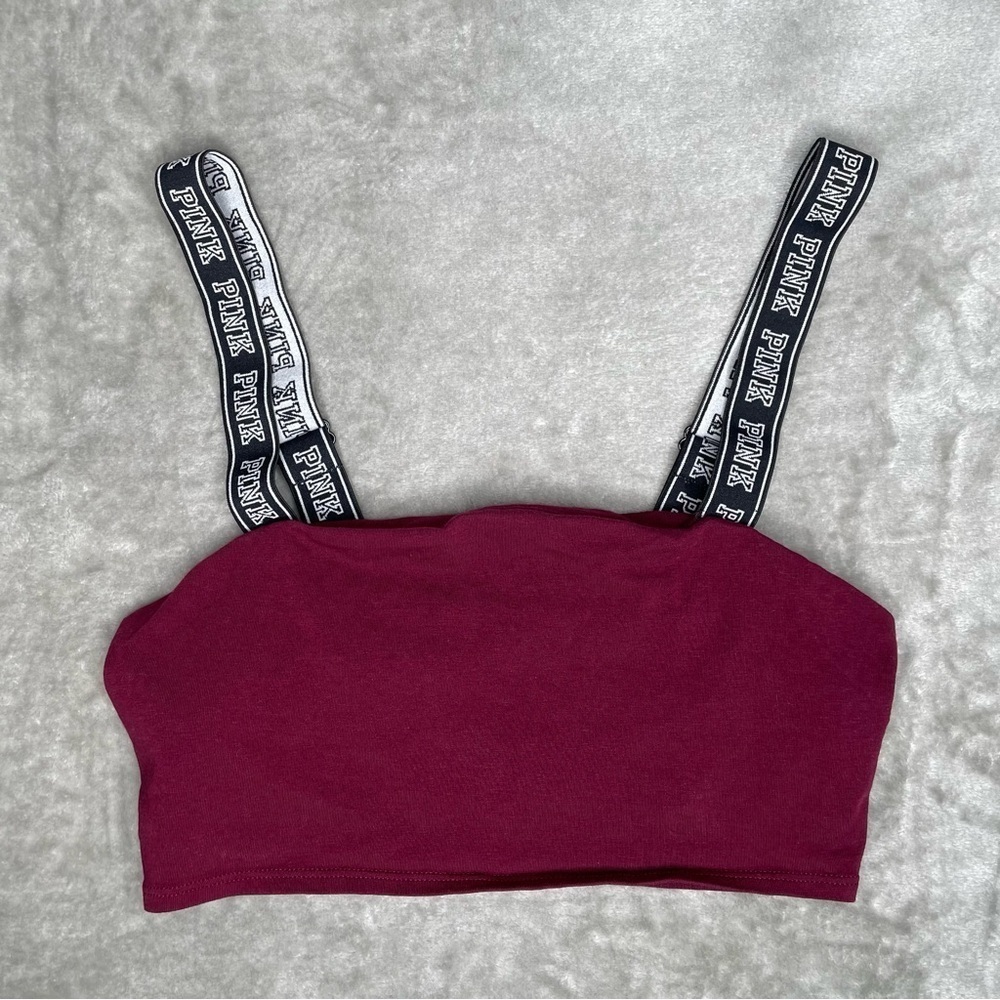 PINK Victoria's Secret Unlined Bralette Maroon Logo Straps Size M Sporty Chic